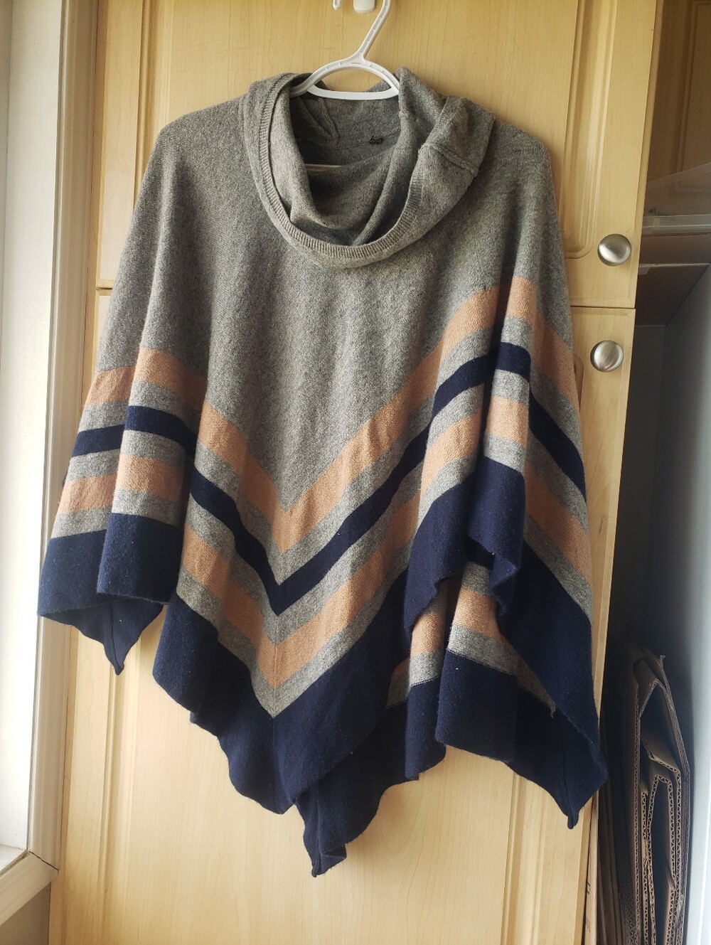 BCBGMaxAzria Wool Gray, Navy & Tan Striped Poncho